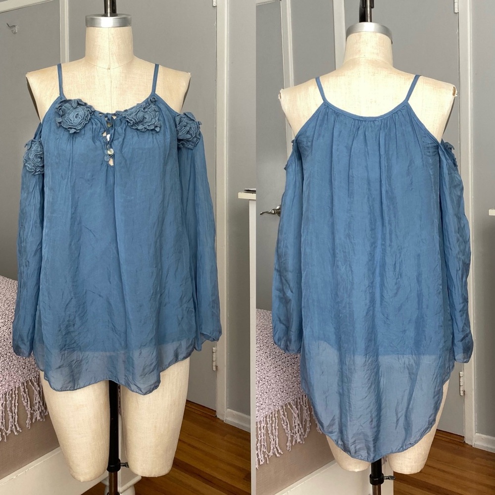 Womens Susy mix cold shoulder silk top in blue in size S